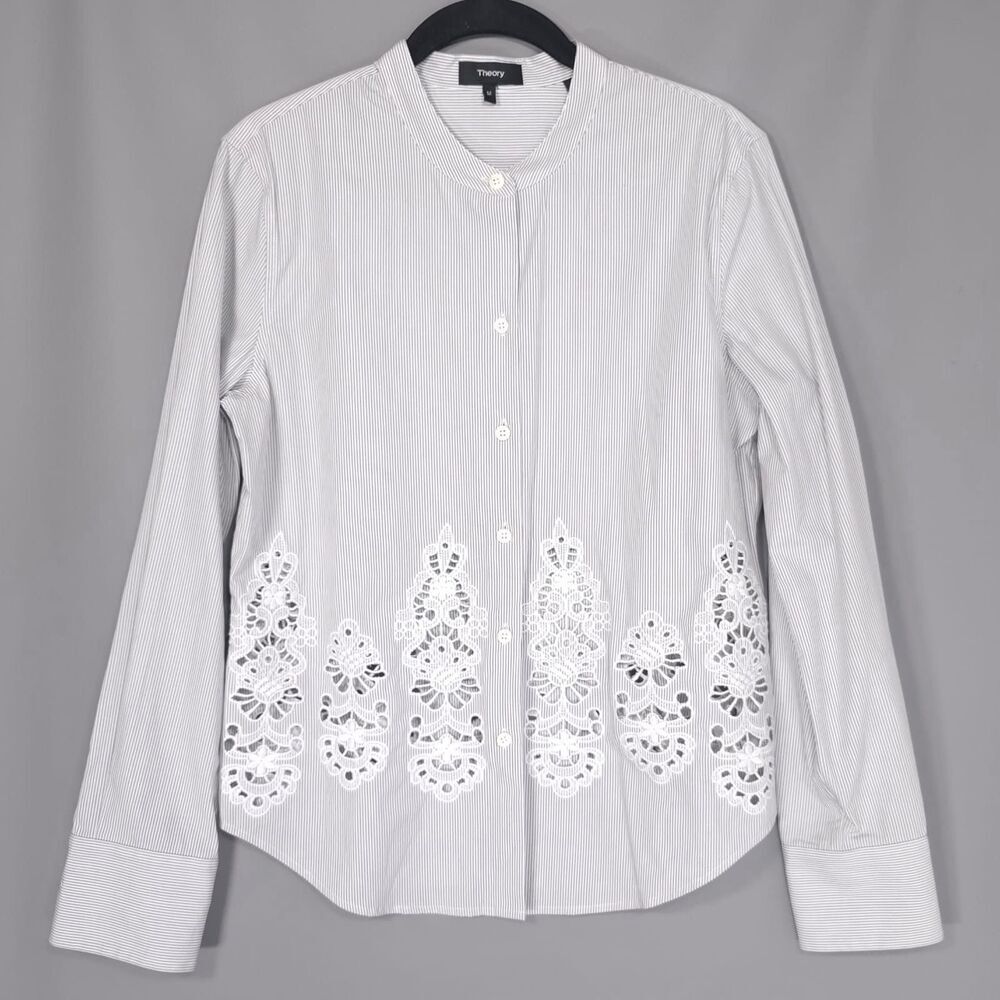 Theory Women’s Shirt M Weylend Eb Ashland Stripe Embroidered White GRAY Cotton